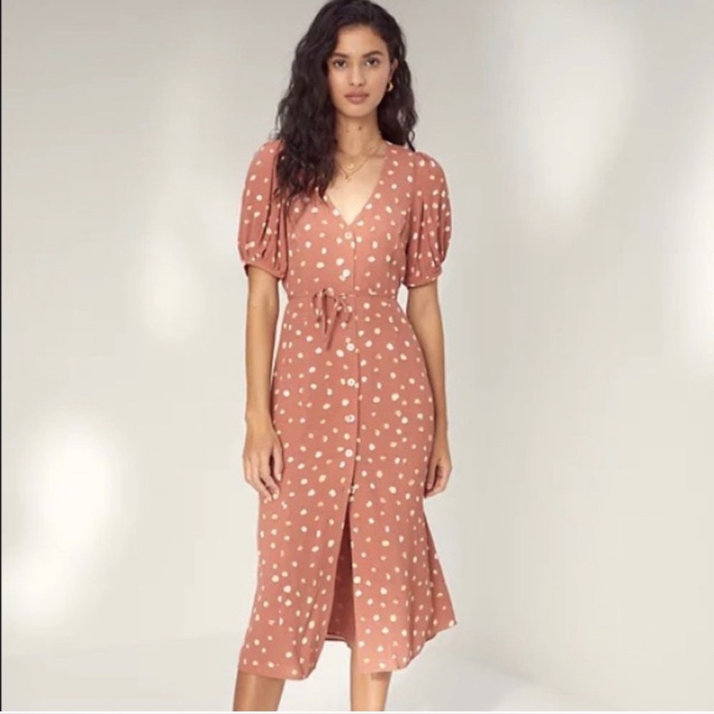 Wilfred Brown Puff Sleeve V-Neck Midi Dress